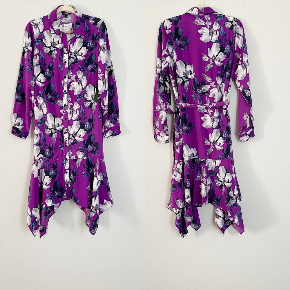 Cheztu Floral Print Tie Shirtdress Layered Hem Dress Size 8 NWT - Picture 2 of 2